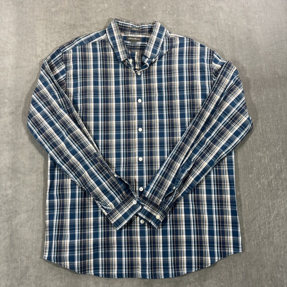 Eddie‎ Bauer Mens Large Blue Plaid Classic Fit Button Down Shirt
